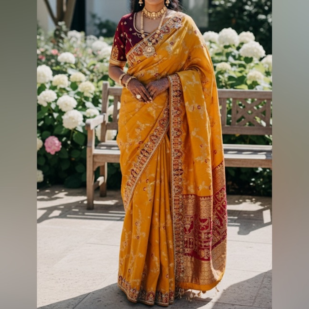 Mustard and Burgundy Saree with Stitched Blouse